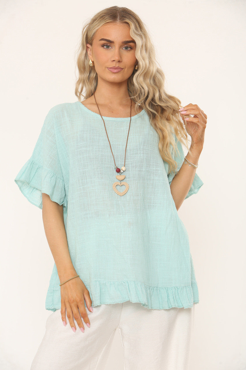 TOP MET RUFFLEMOUW EN -ZOOM MET TEXTUUR - MINTGROEN