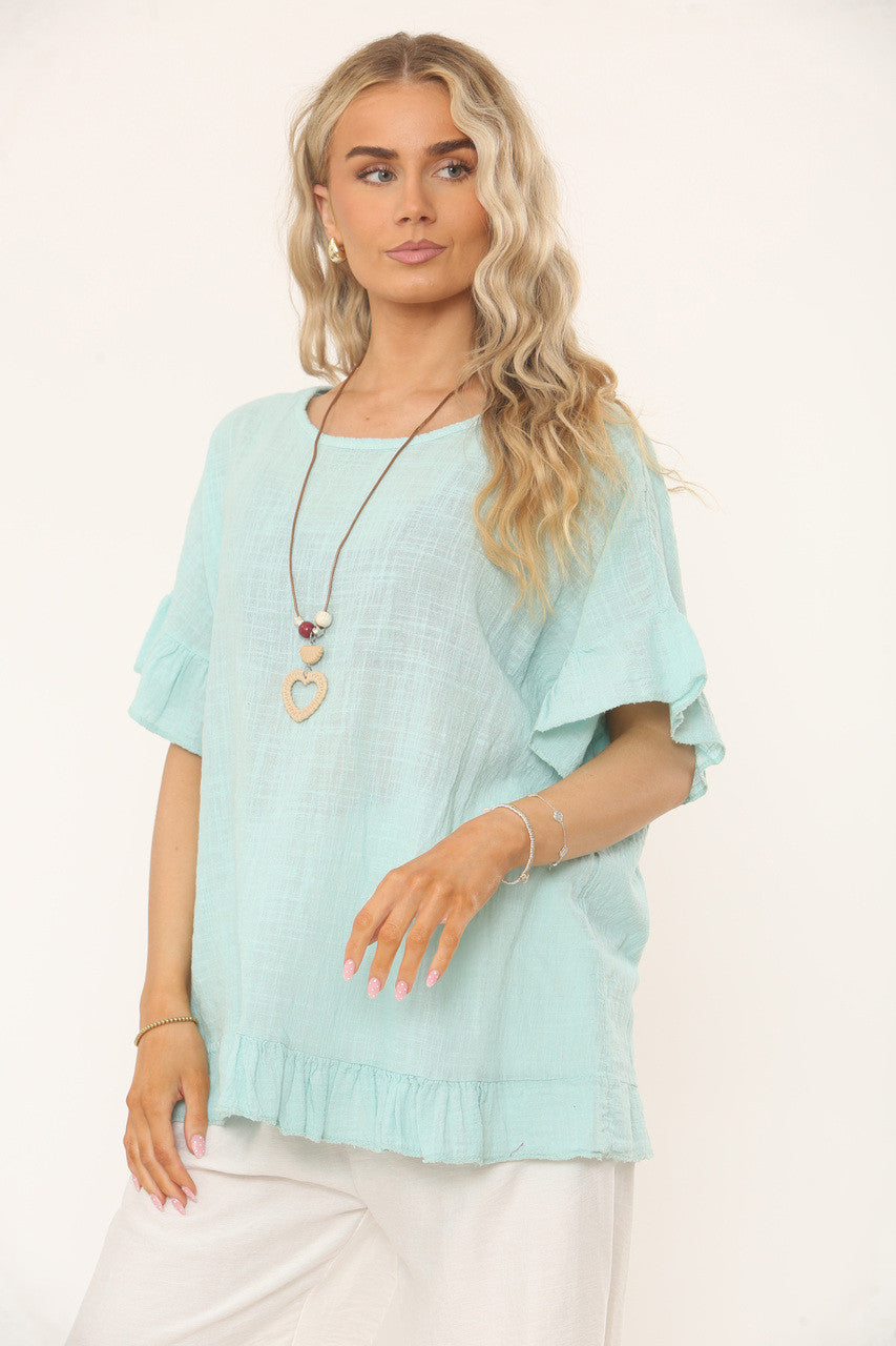 TOP MET RUFFLEMOUW EN -ZOOM MET TEXTUUR - MINTGROEN