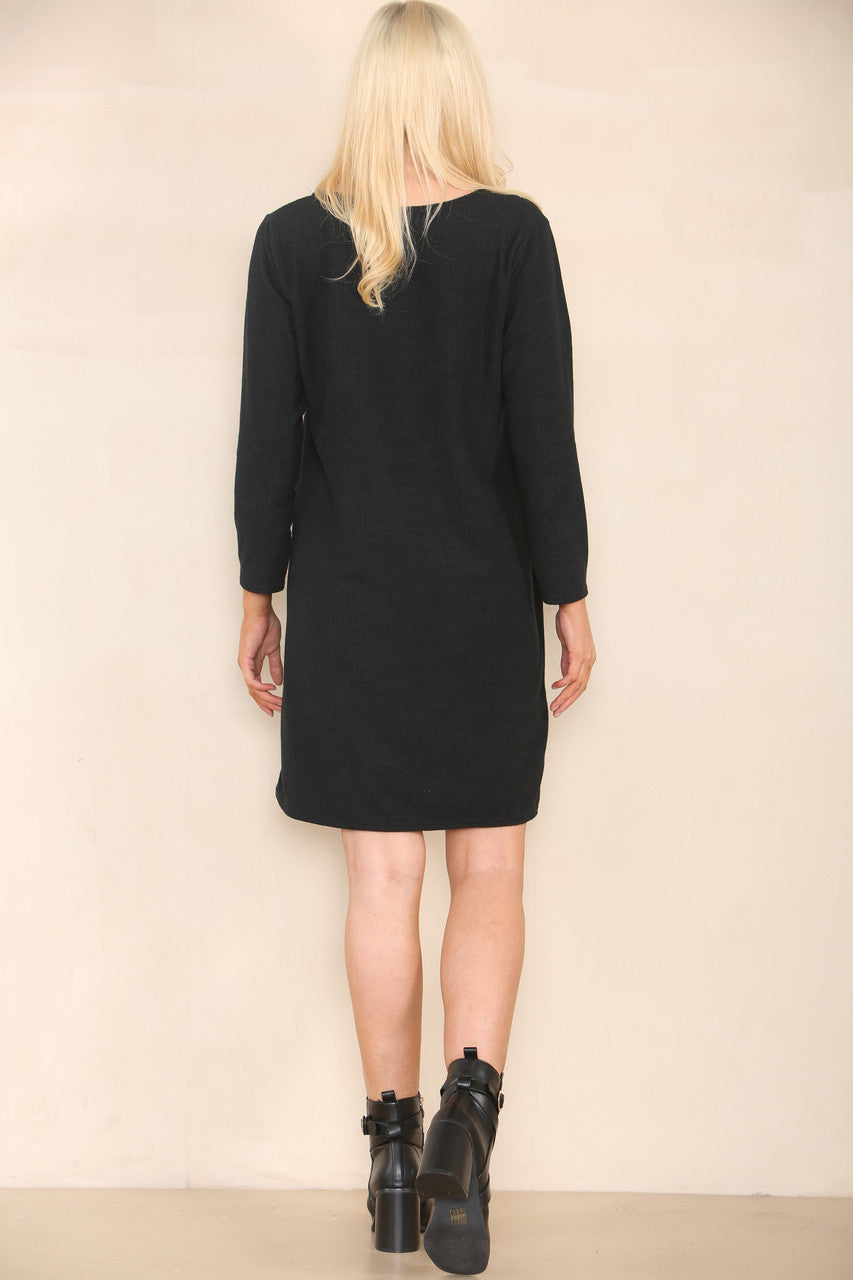 RIBBED DRESS WITH POCKETS BLACK