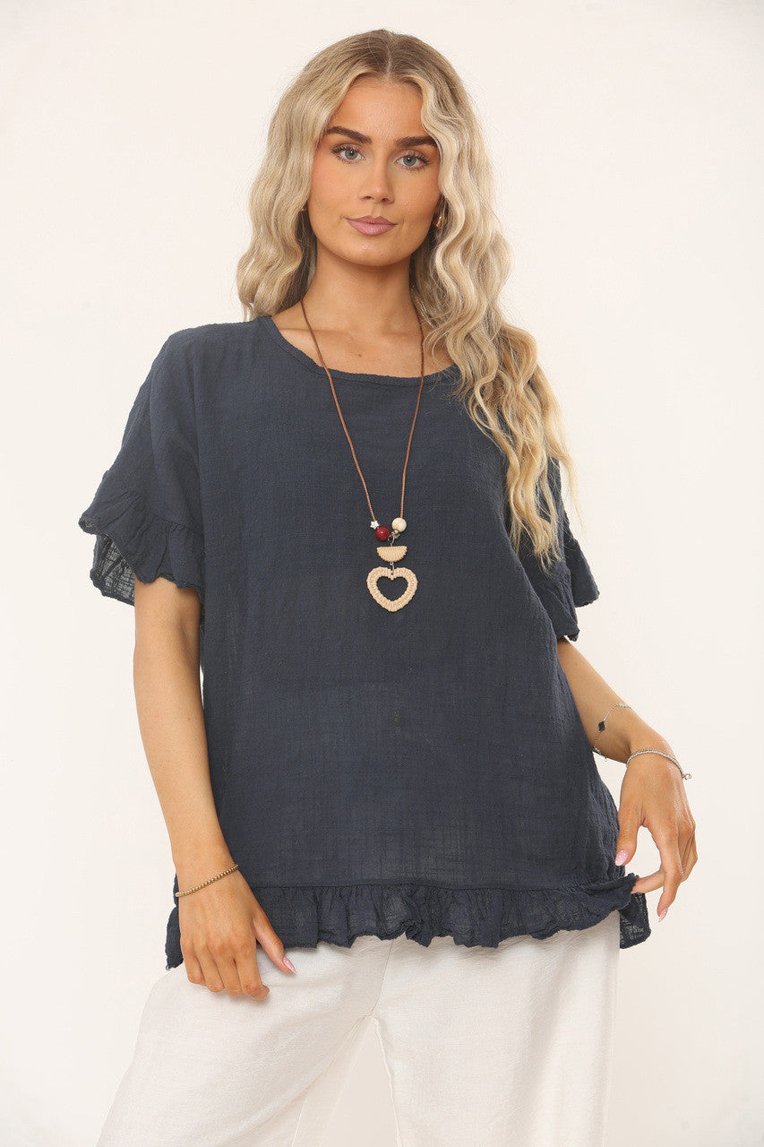 TOP MET RUFFLEMOUW EN ZOOM - NAVY