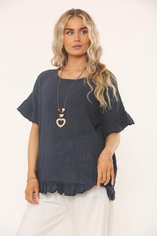 TOP MET RUFFLEMOUW EN ZOOM - NAVY