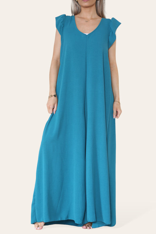 MAXI JUMPSUIT MET STRIKSLUITING TURKOOIS
