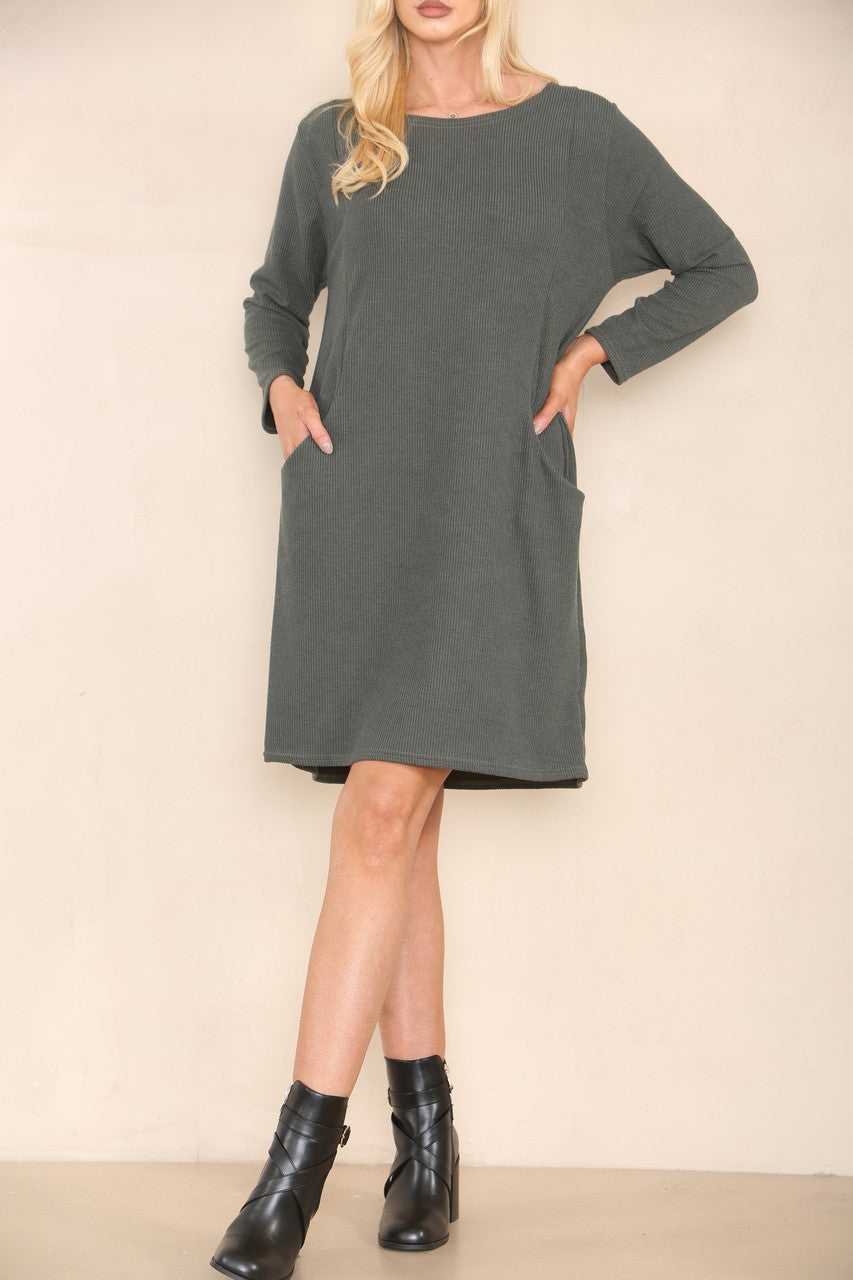 RIBBED DRESS WITH POCKETS KHAKI