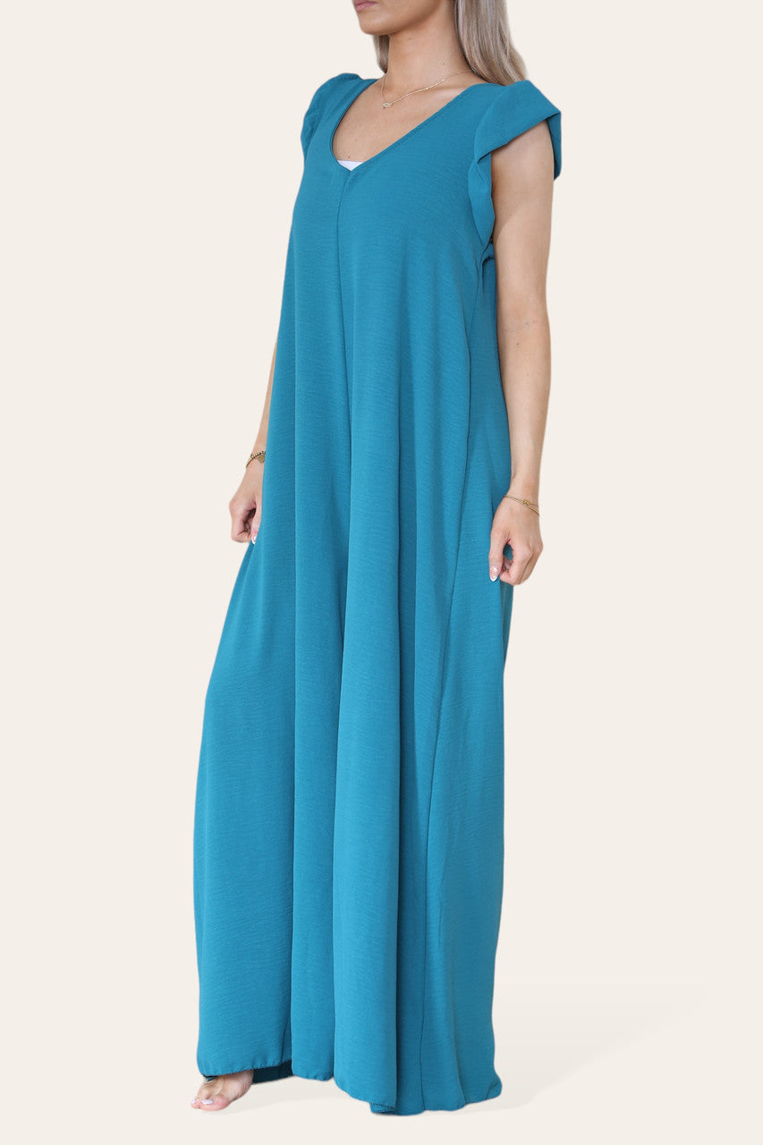MAXI JUMPSUIT MET STRIKSLUITING TURKOOIS