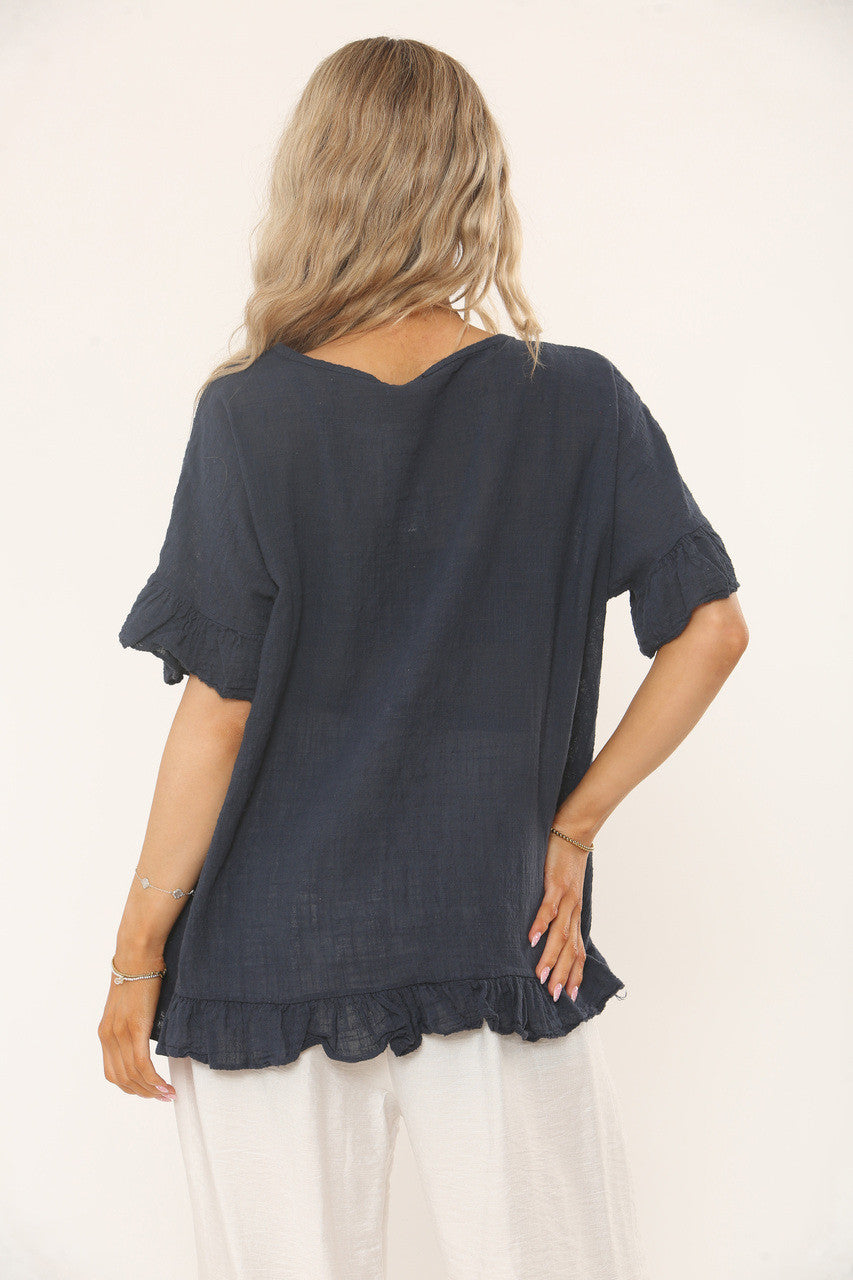 TOP MET RUFFLEMOUW EN ZOOM - NAVY