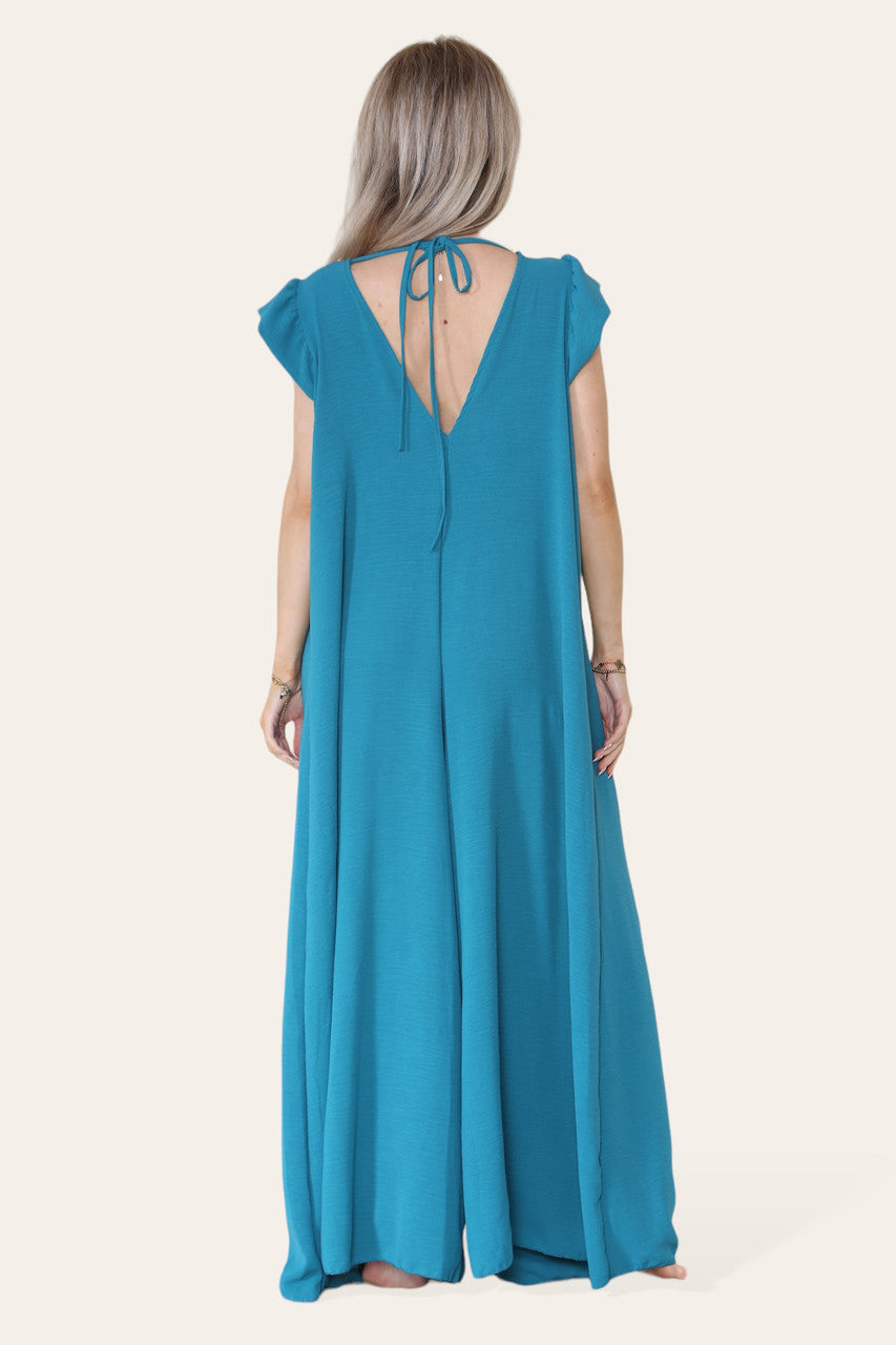 MAXI JUMPSUIT MET STRIKSLUITING TURKOOIS