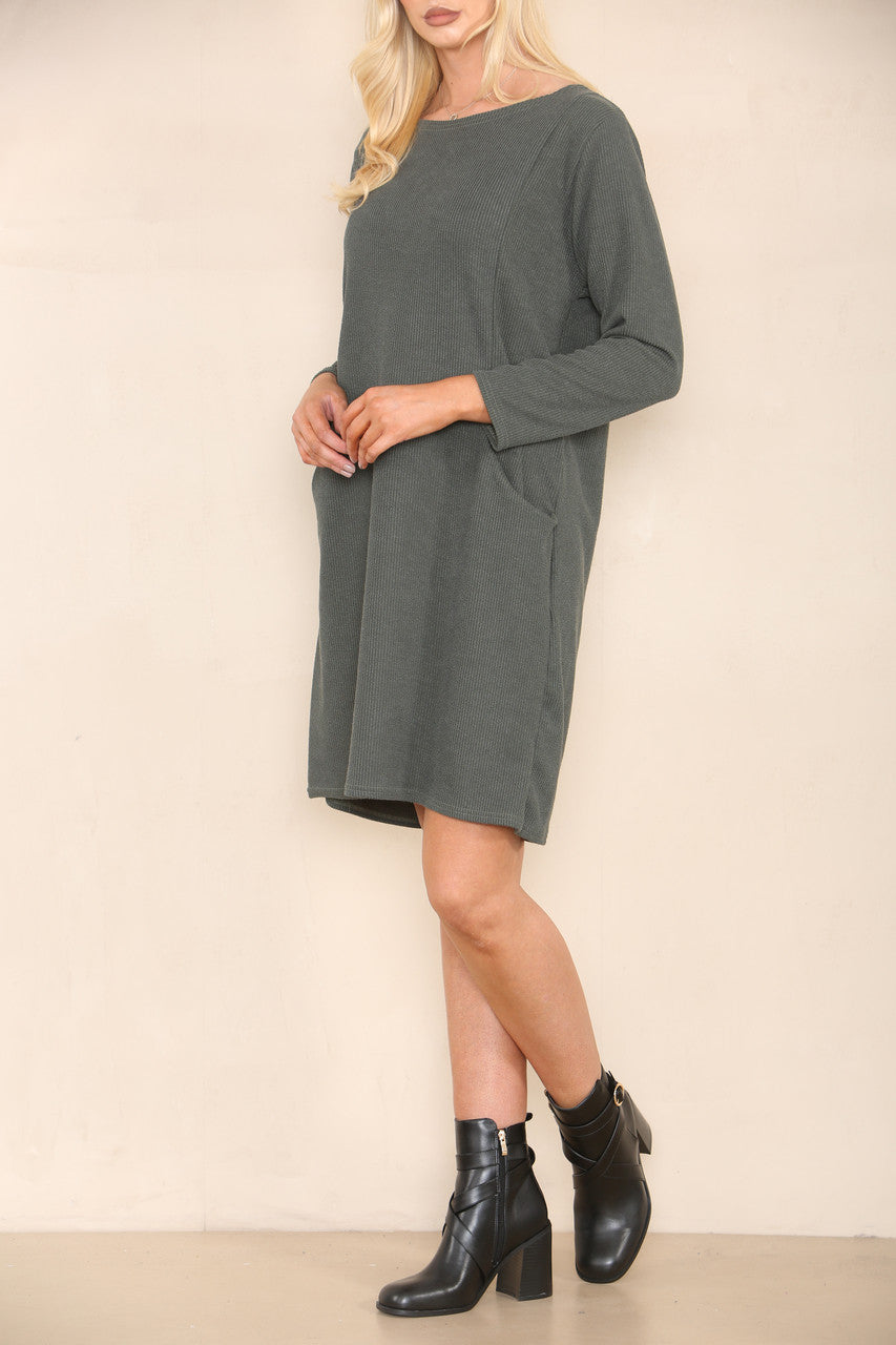 RIBBED DRESS WITH POCKETS KHAKI