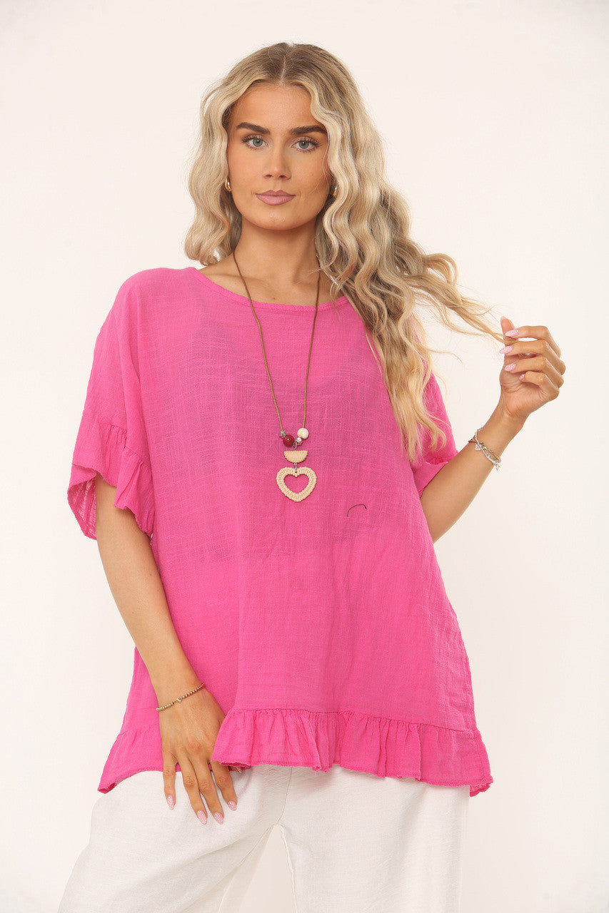 RUFFLE SLEEVE & HEM TEXTURED TOP - CERISE PINK