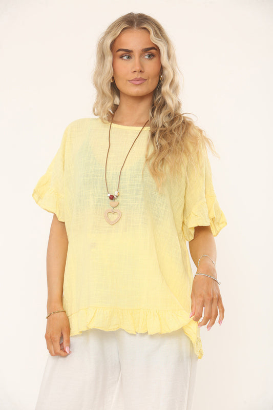 RUFFLE SLEEVE & HEM TEXTURED TOP - LEMON