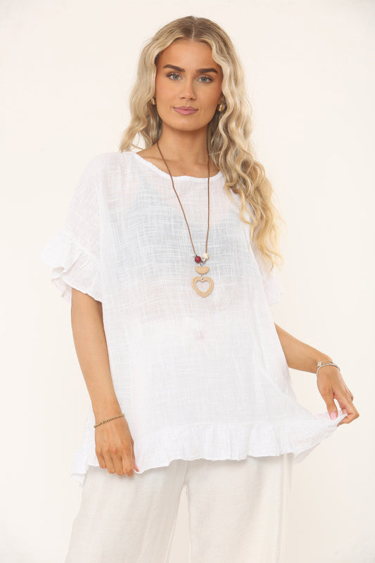 RUFFLE SLEEVE & HEM TEXTURED TOP - WHITE