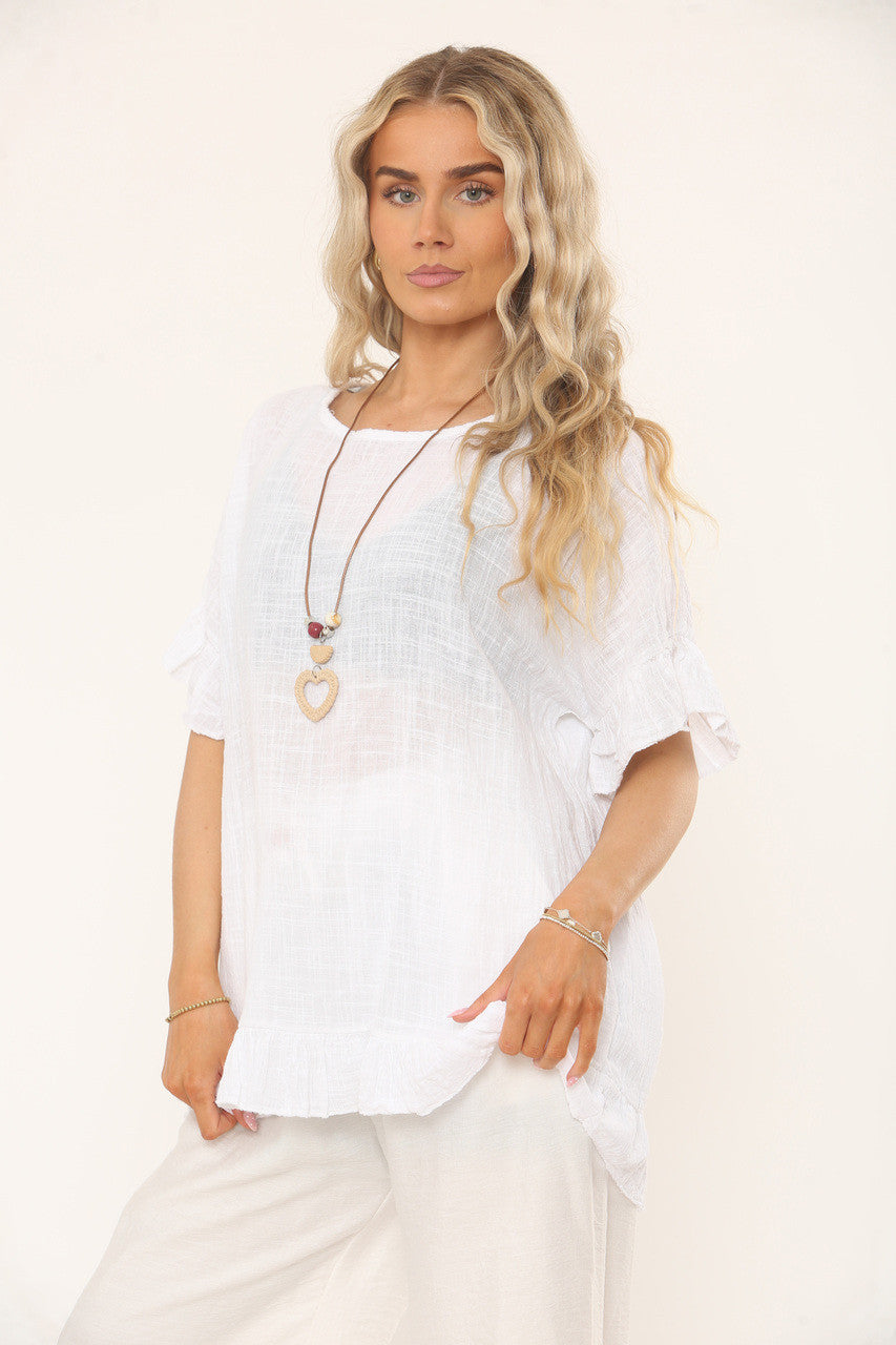 TOP MET RUFFLEMOUW EN RUFFELZOOM MET STRUCTUUR - WIT