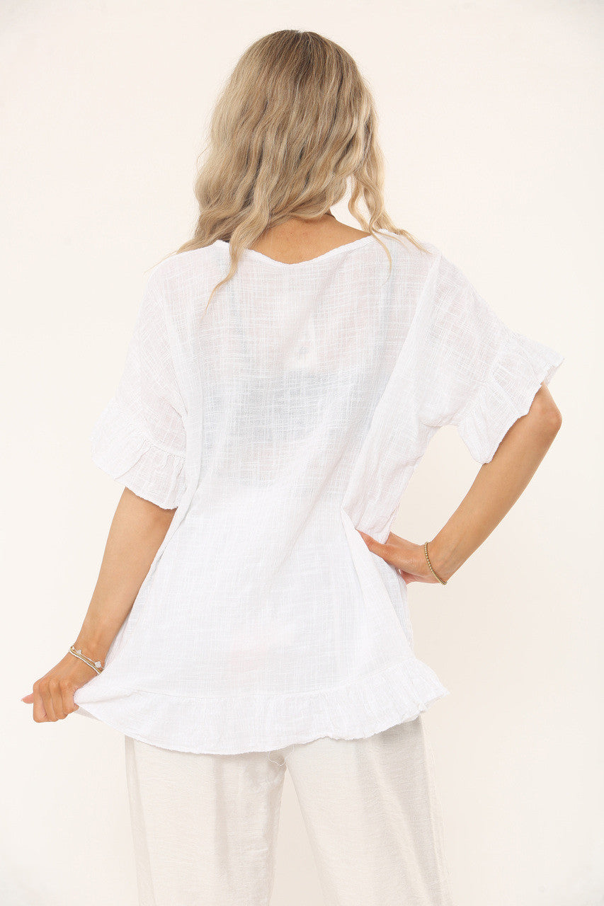 TOP MET RUFFLEMOUW EN RUFFELZOOM MET STRUCTUUR - WIT