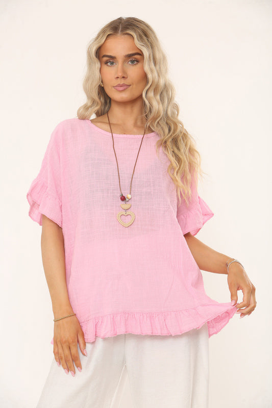 RUFFLE SLEEVE & HEM TEXTURED TOP - CANDY PINK