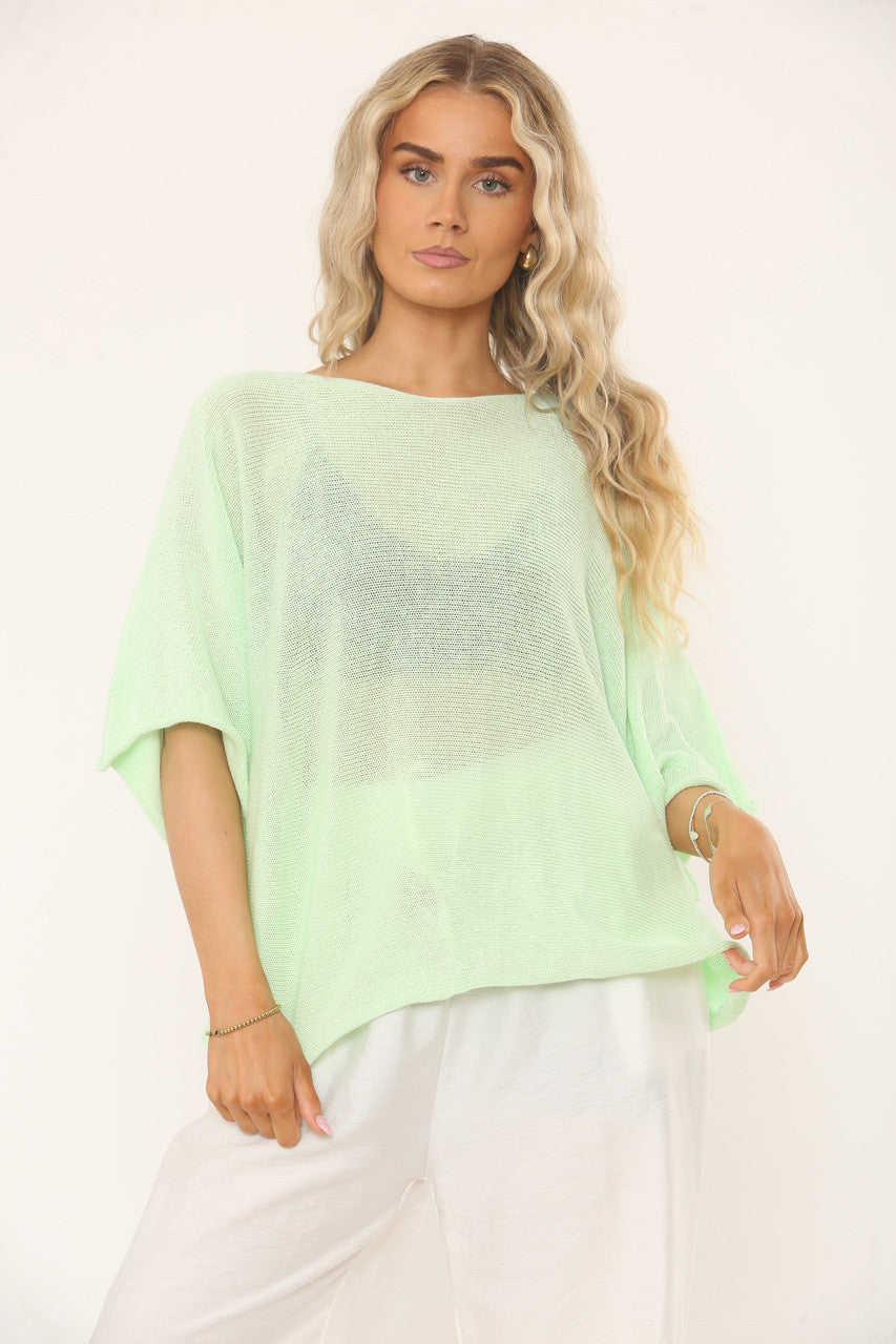 OVERSIZED GEBREIDE BATWING TOP MET MOUWEN - MINTGROEN