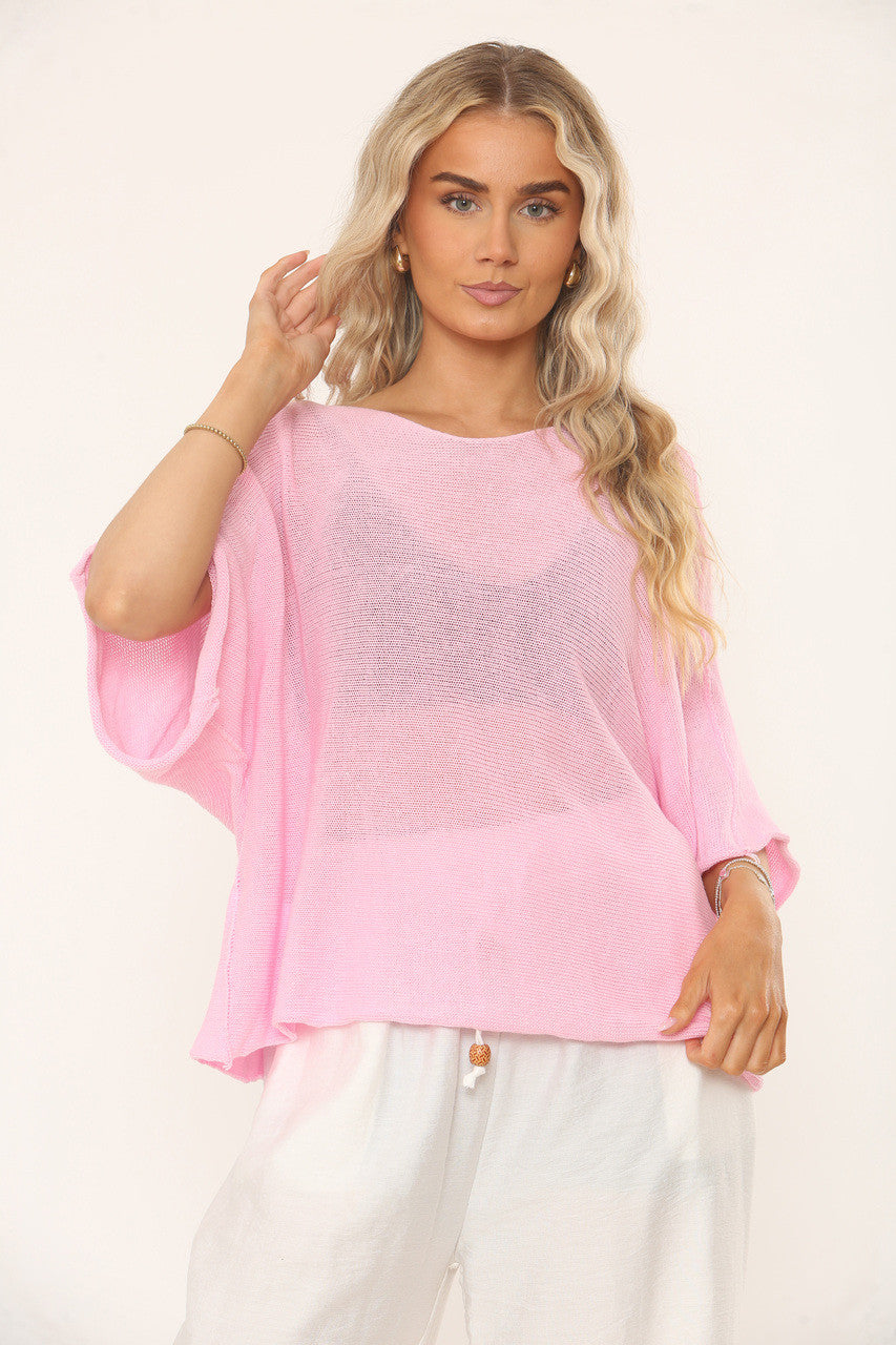 OVERSIZED GEBREIDE TOP MET VLEERMUISMOUWEN - BUBBLEGUM ROZE