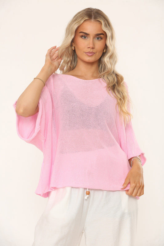 OVERSIZED GEBREIDE TOP MET VLEERMUISMOUWEN - BUBBLEGUM ROZE