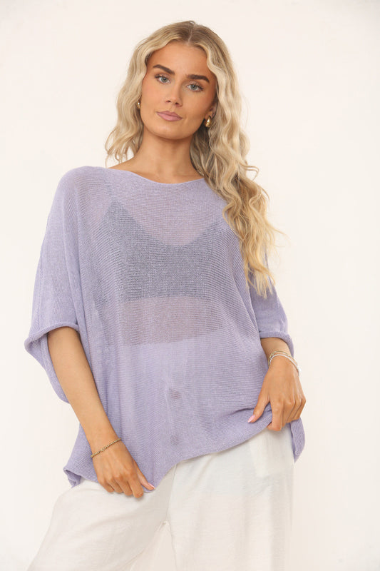 OVERSIZED GEBREIDE TOP MET VLEERMUISMOUWEN - MAUVE