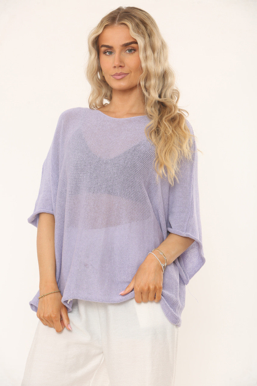 OVERSIZED GEBREIDE TOP MET VLEERMUISMOUWEN - MAUVE