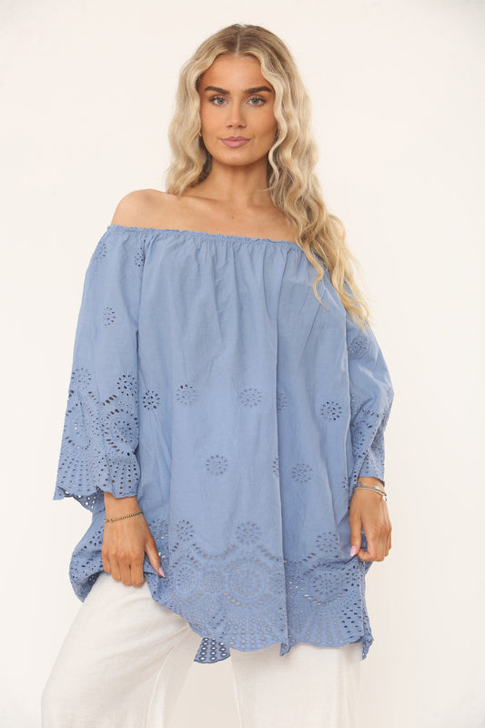 OFF THE SHOULDER EYELET DESIGN TOP - DENIM