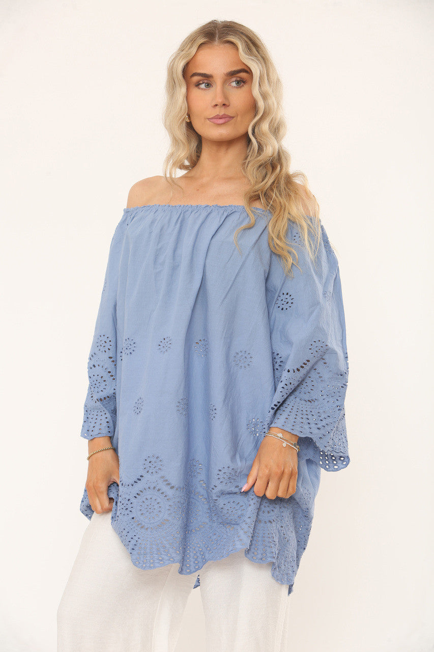 OFF THE SHOULDER TOP MET OOGJESONTWERP - DENIM