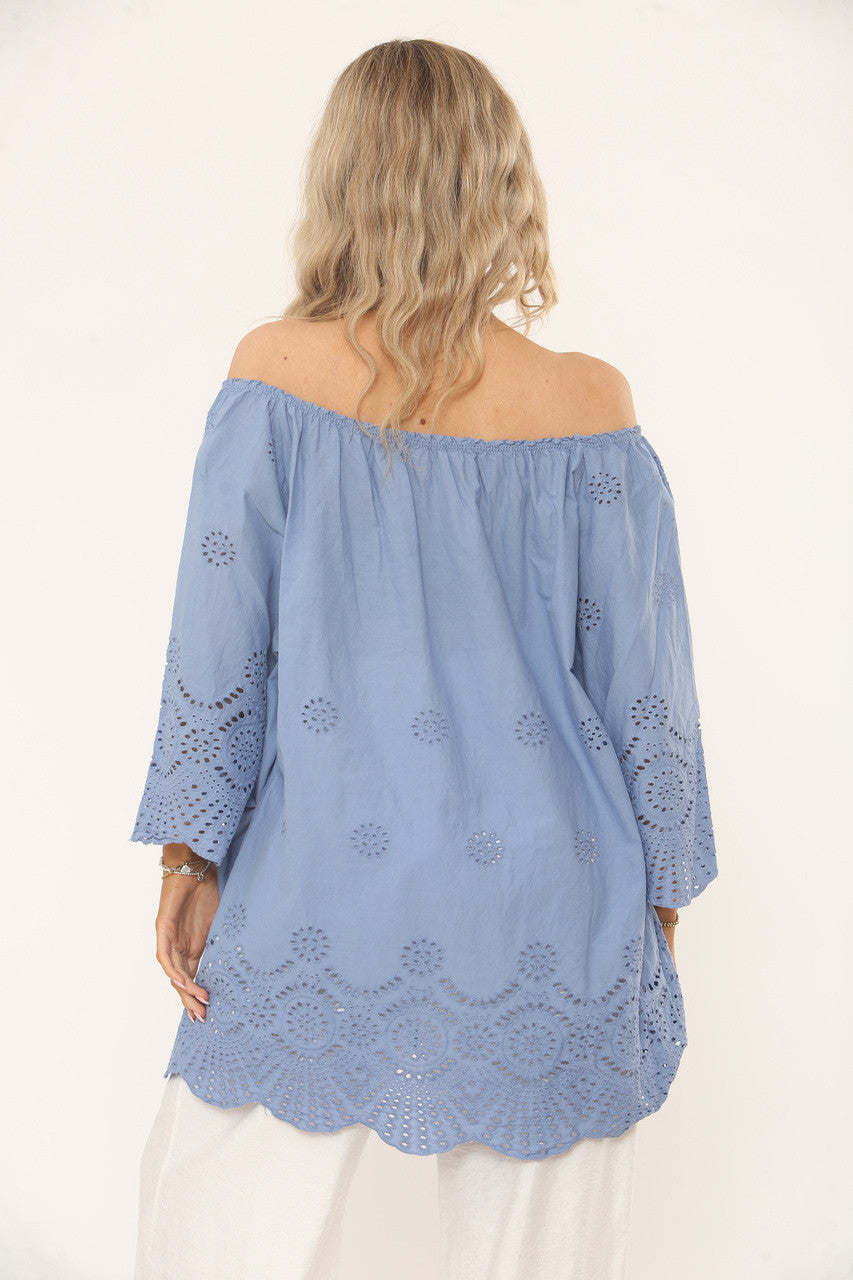 OFF THE SHOULDER TOP MET OOGJESONTWERP - DENIM