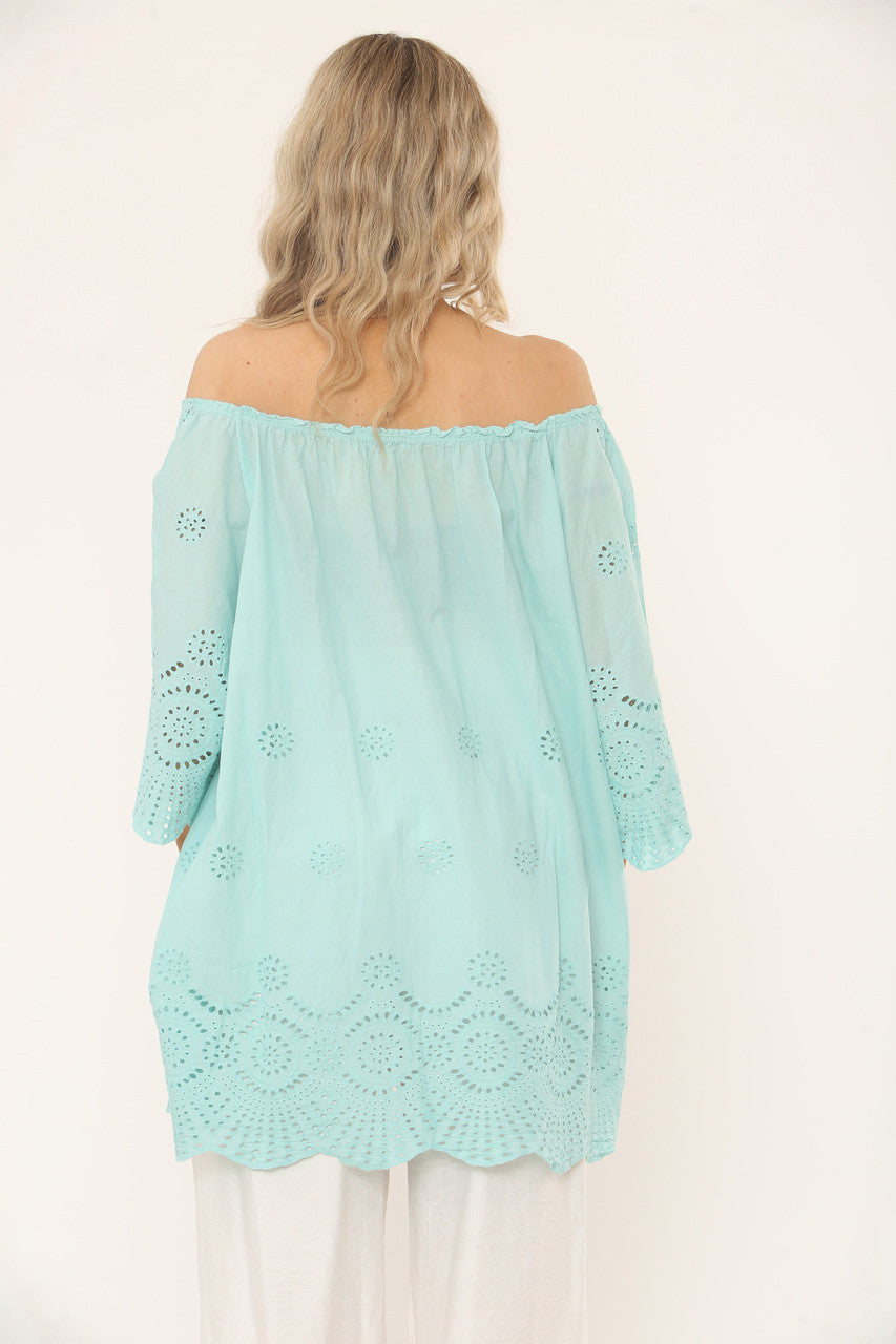 OFF THE SHOULDER TOP MET OOGJESONTWERP - MINTGROEN
