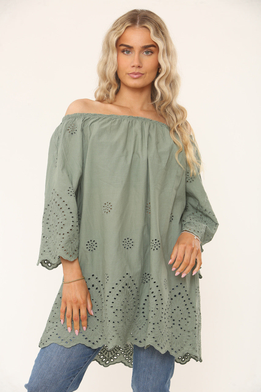 OFF-THE-SHOULDER TOP MET OOGJESONTWERP - KHAKI