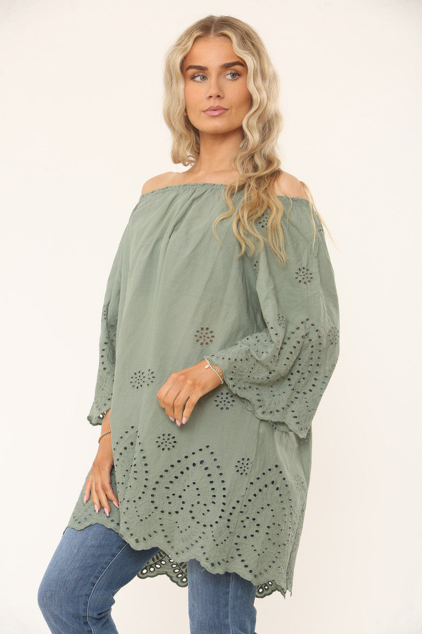 OFF-THE-SHOULDER TOP MET OOGJESONTWERP - KHAKI