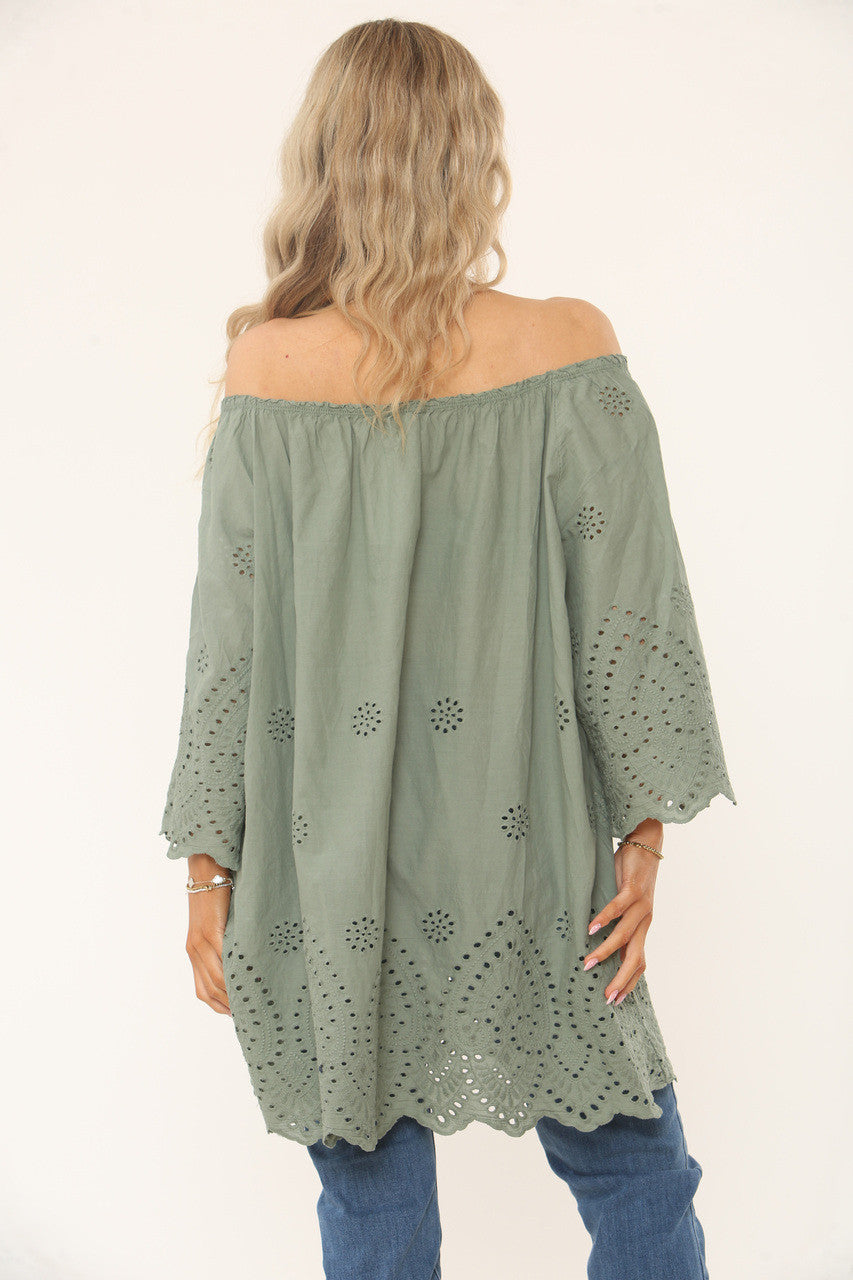 OFF-THE-SHOULDER TOP MET OOGJESONTWERP - KHAKI