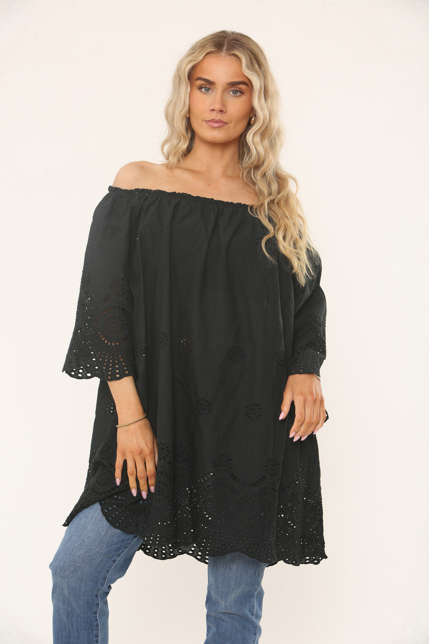 OFF-THE-SHOULDER TOP MET OOGJES - ZWART