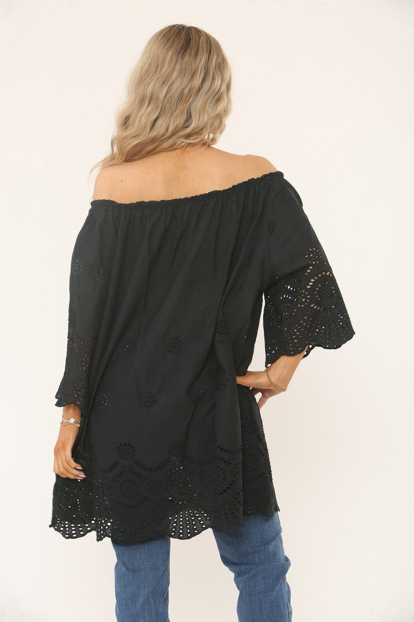 OFF-THE-SHOULDER TOP MET OOGJES - ZWART