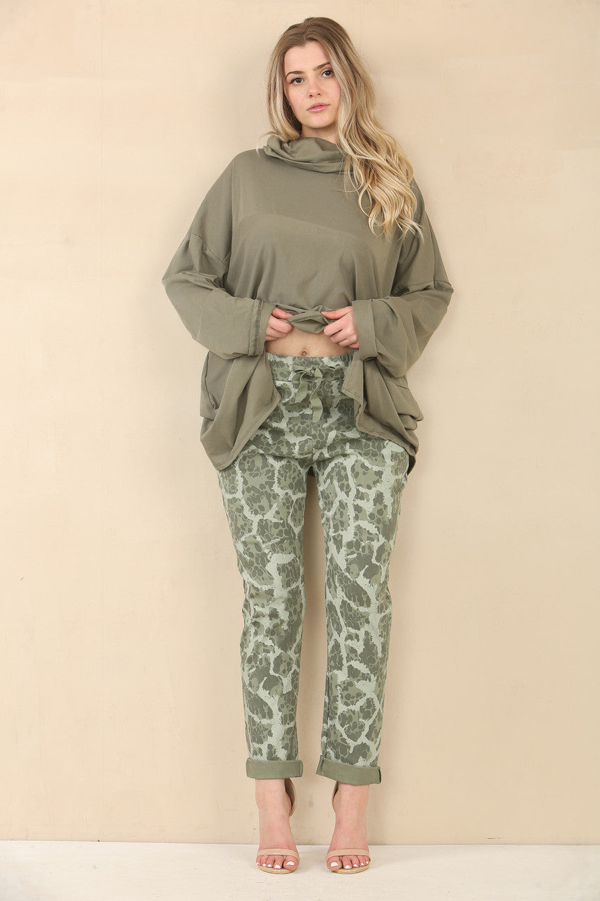 ABSTRACT ANIMAL PRINT ELASTICATED MAGIC STRETCH STYLE TROUSER - KHAKI