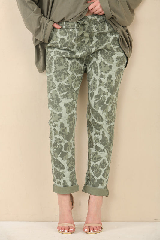ABSTRACT ANIMAL PRINT ELASTICATED MAGIC STRETCH STYLE TROUSER - KHAKI