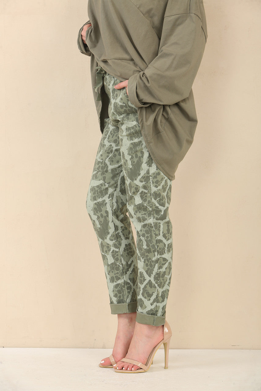 ABSTRACT ANIMAL PRINT ELASTICATED MAGIC STRETCH STYLE TROUSER - KHAKI