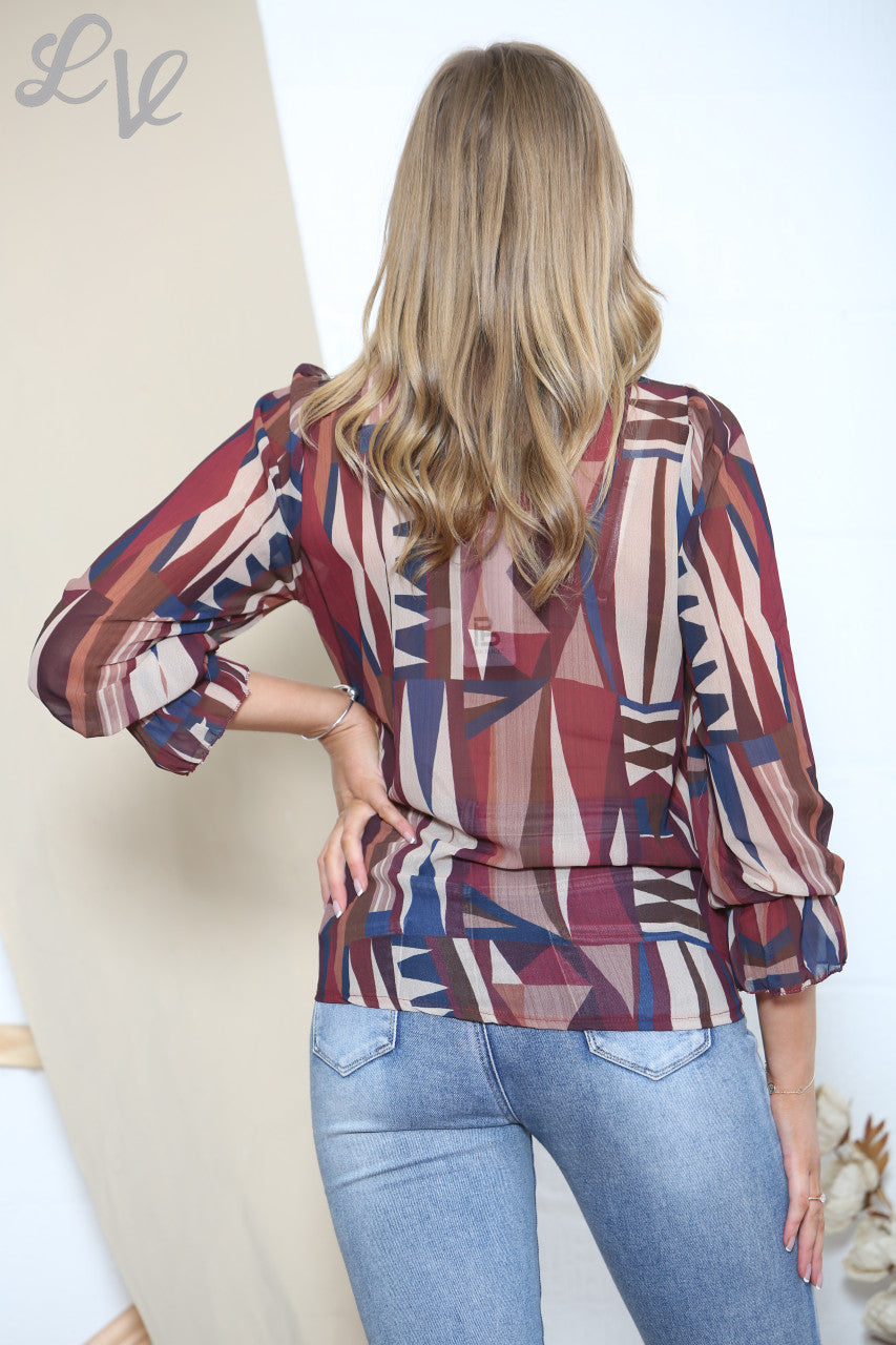 Damesblouse met geometrische print bordeauxrood