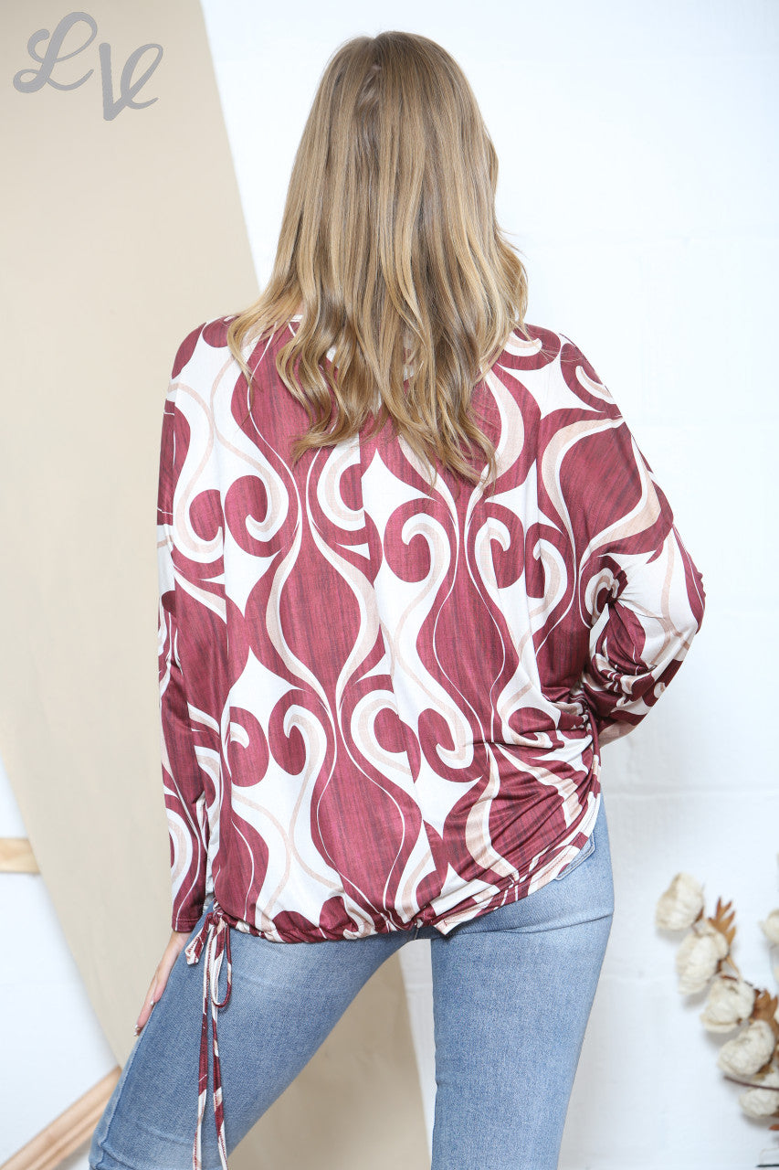 Ladies Swirl Pattern Print Top Burgundy
