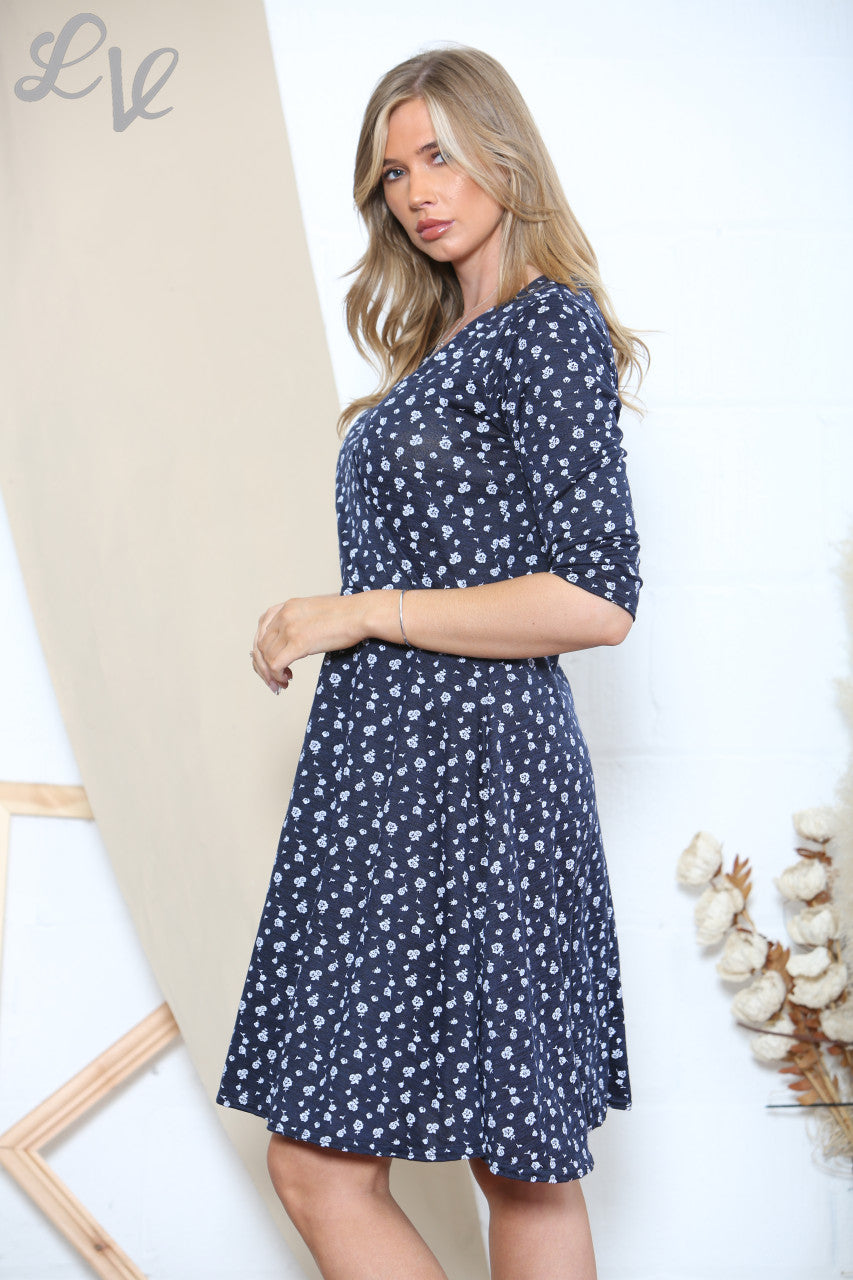Ladies Ditsy Flower Print Dress Navy