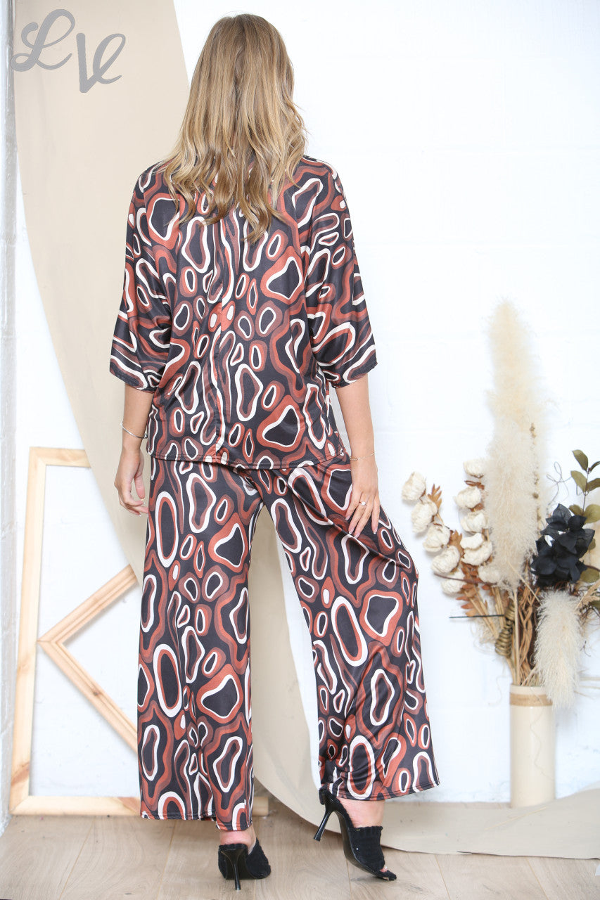 Ladies Circle Swirls Abstract Top & Trouser Set Rust