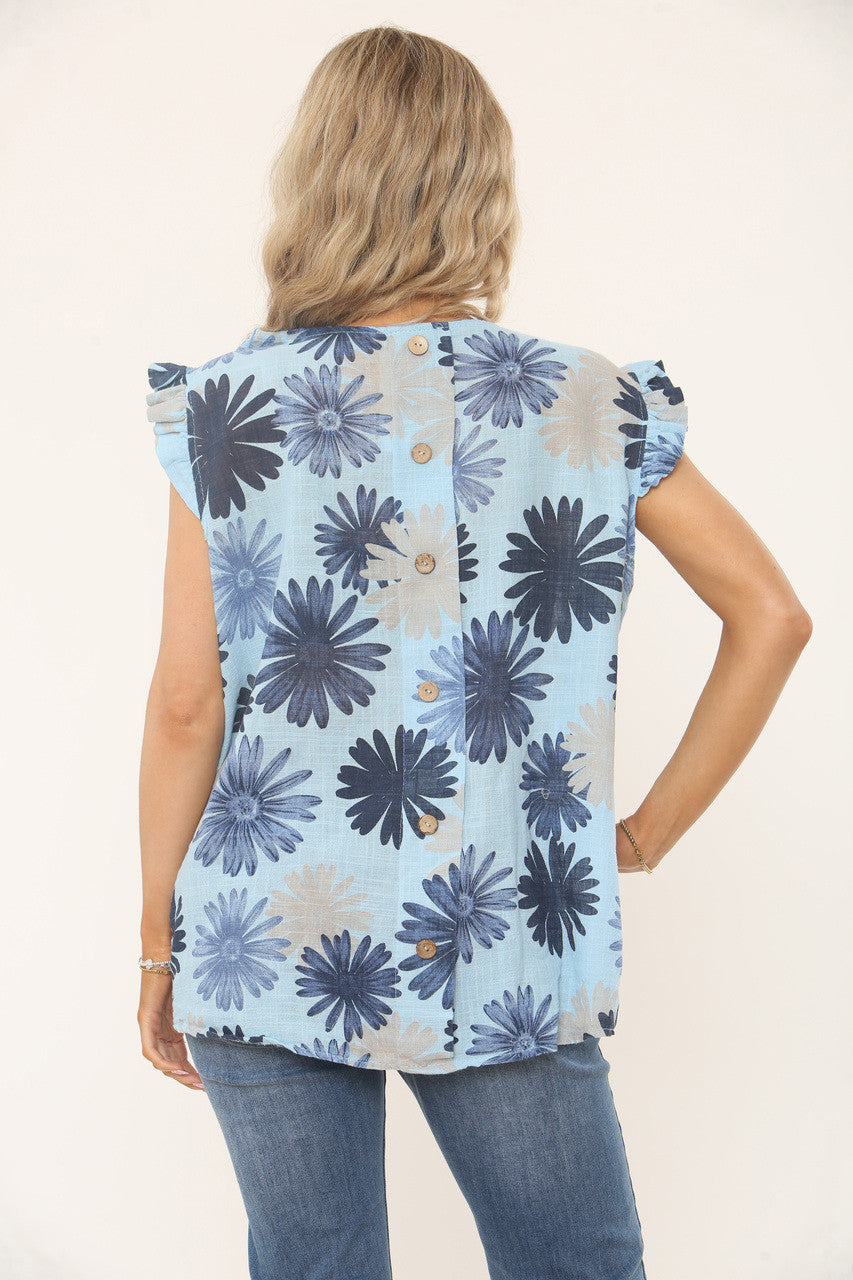 TOP MET BLOEMENPRINT EN RUFFLEMOUWEN - LICHTBLAUW