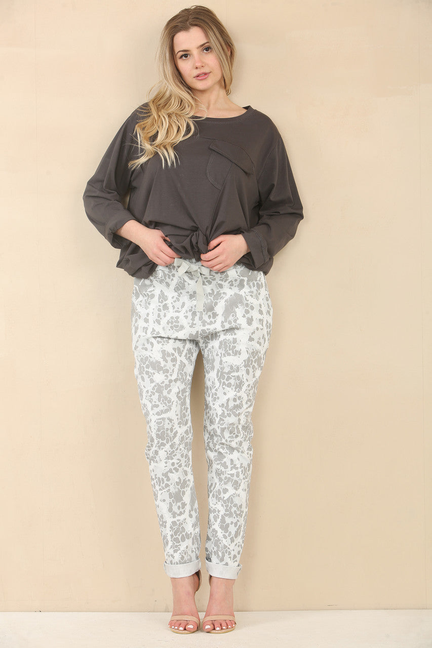 ABSTRACT ANIMAL PRINT ELASTICATED MAGIC STRETCH STYLE TROUSER - SILVER