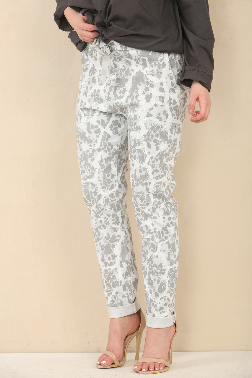 ABSTRACT ANIMAL PRINT ELASTICATED MAGIC STRETCH STYLE TROUSER - SILVER