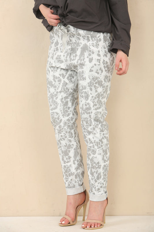 ABSTRACT ANIMAL PRINT ELASTICATED MAGIC STRETCH STYLE TROUSER - SILVER