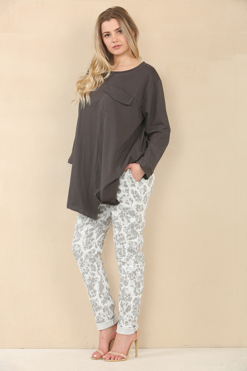 ABSTRACT ANIMAL PRINT ELASTICATED MAGIC STRETCH STYLE TROUSER - SILVER