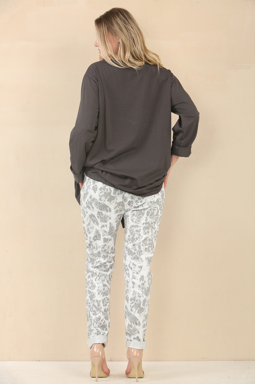 ABSTRACT ANIMAL PRINT ELASTICATED MAGIC STRETCH STYLE TROUSER - SILVER