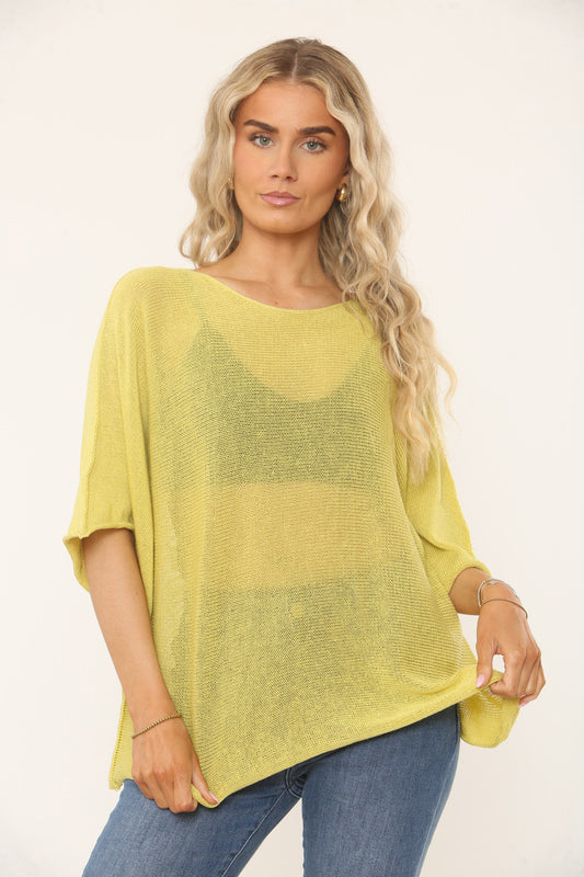 OVERSIDED GEBREIDE TOP MET VLEERMUISMOUWEN - MOSTERD