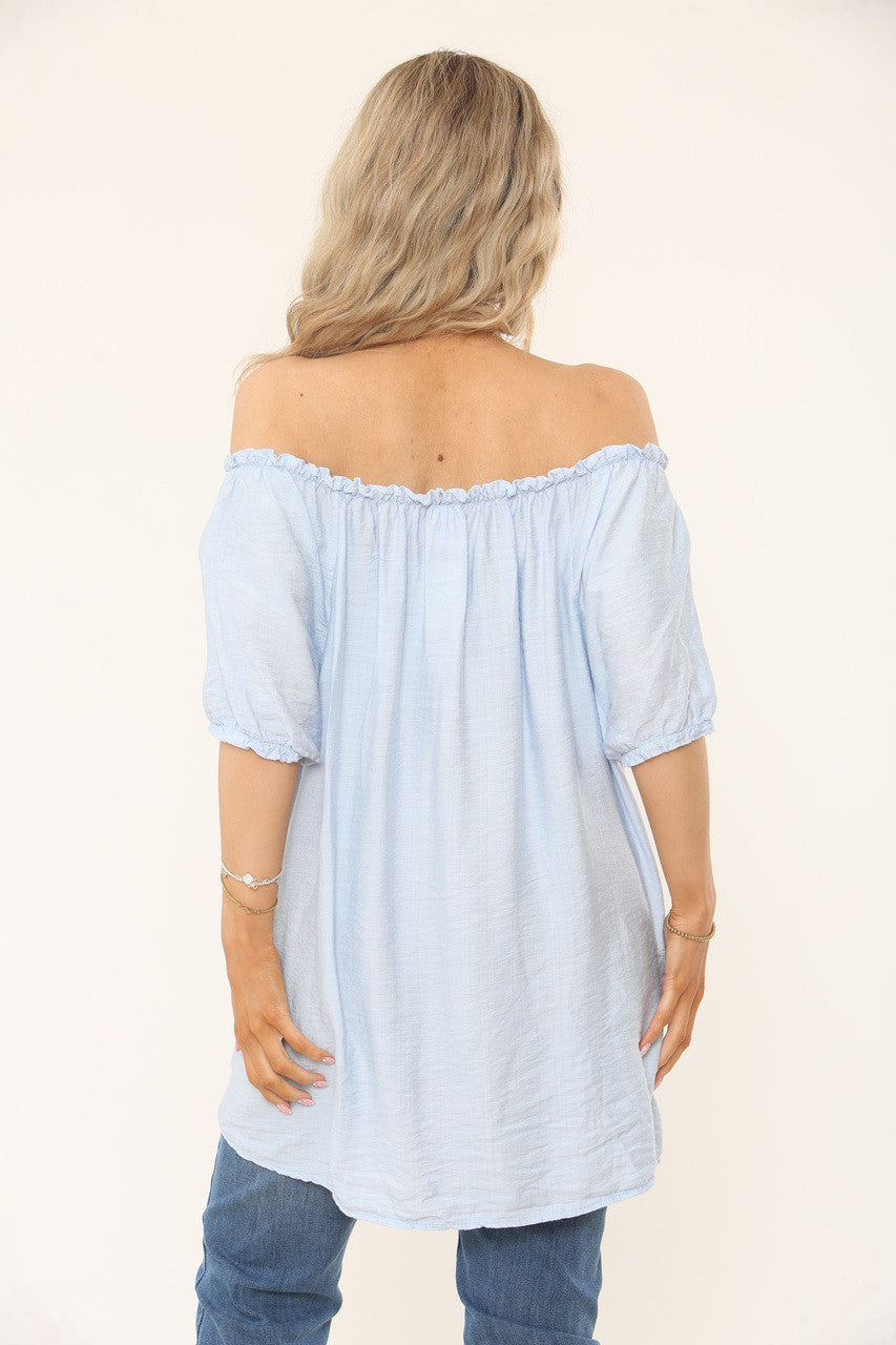 BARDOT GEKLEURDE TOP - BABYBLAUW