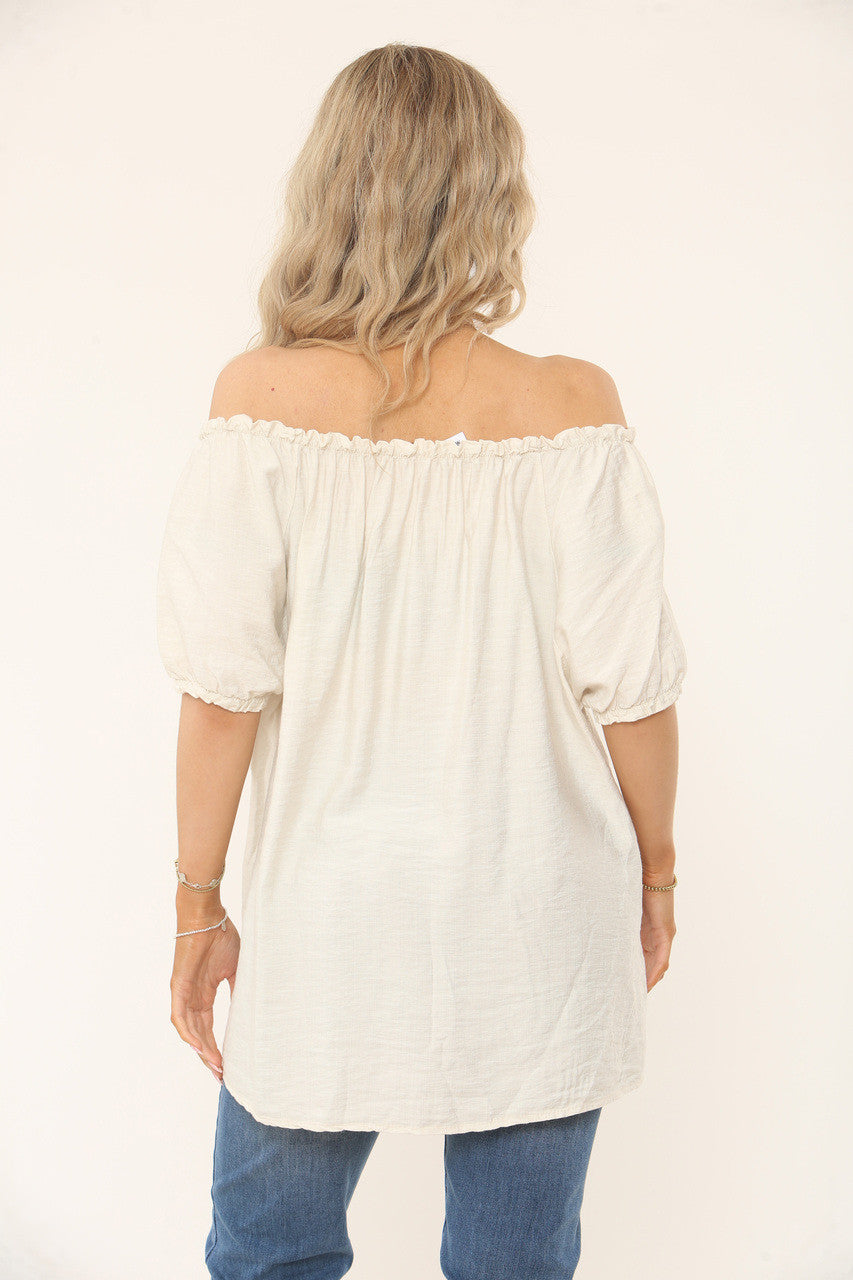 BARDOT TOP MET TEXTUUR - ZACHT BEIGE