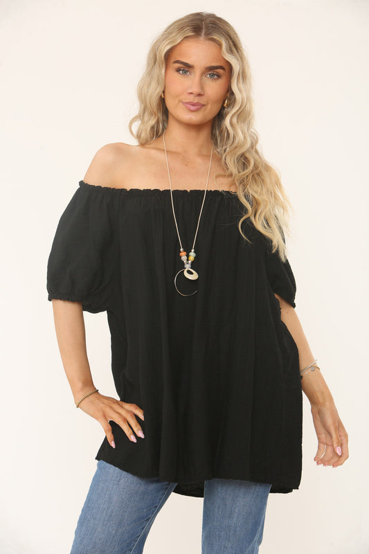 BARDOT TEXTURED TOP - BLACK