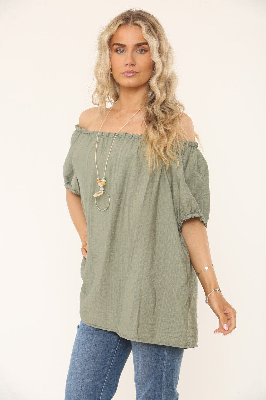 BARDOT TOP MET TEXTUUR - OLIJFGROEN