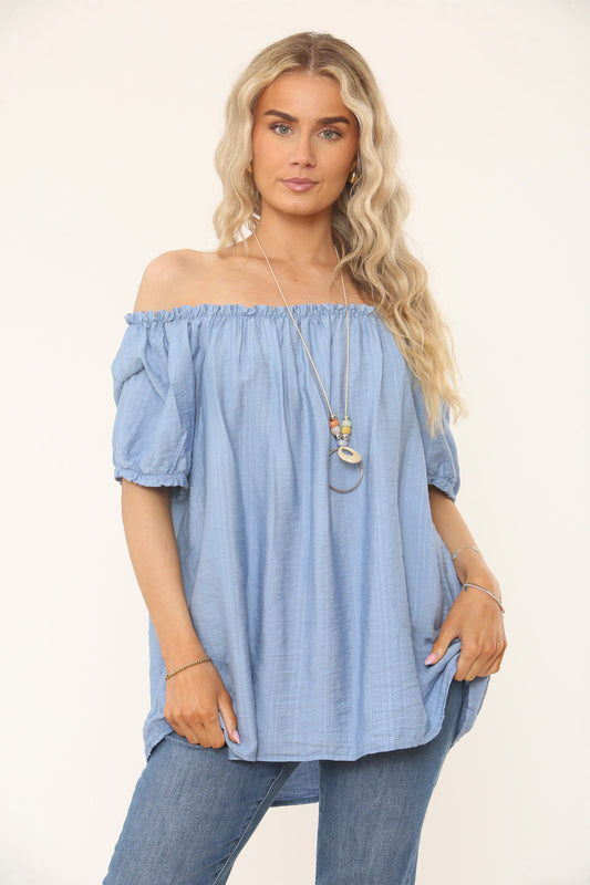 BARDOT TEXTURED TOP - STEEL BLUE